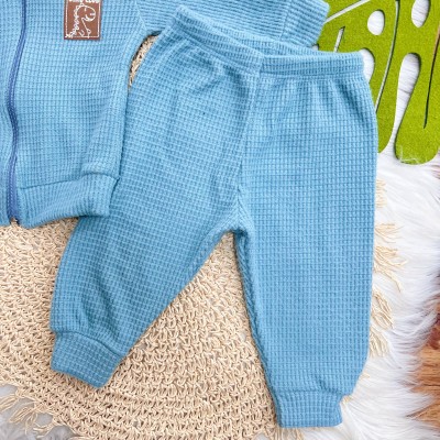 Conj. Jaqueta com Capuz de Dino e Calça em Malha Wafle - Azul